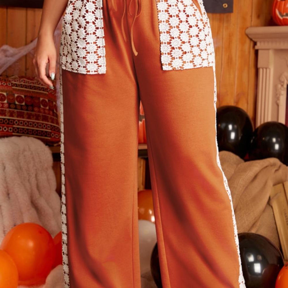 Women's Crochet Detail Wide-Leg Pants - Orange